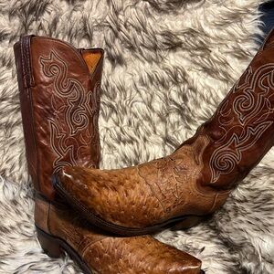 Lucchese Tan Ostrich & Leather Western Boots Sz 9 D